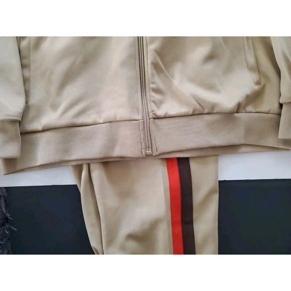 Jian Wang 2XL Men's 2 Pc Retro Zip Up Pockets Beige Striped Trim Track Suit - Picture 6 of 15